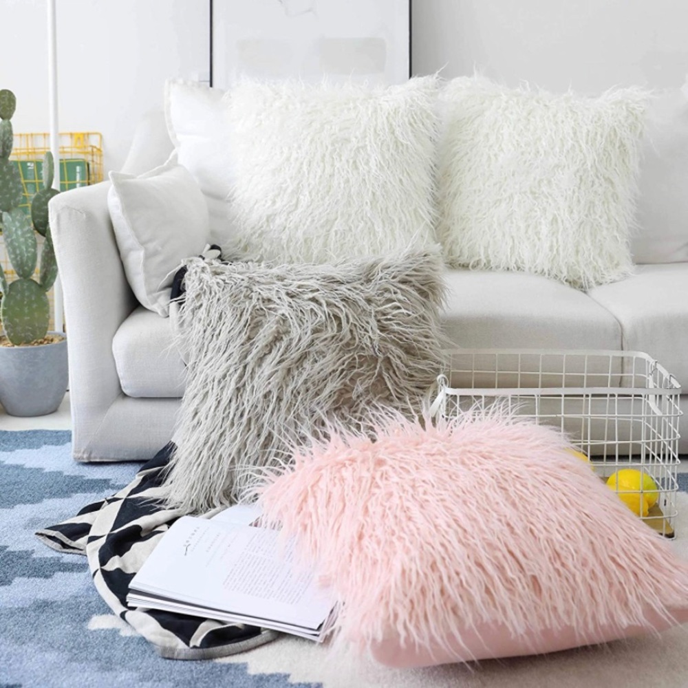 Luxury Home | Regal Blush Pink Long Faux Mongolian Fur Throw Pillow Covers - Picture 3 of 5